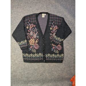 Boundary Waters Vintage Gray Floral Design Knit Cardigan Size Small Sweater